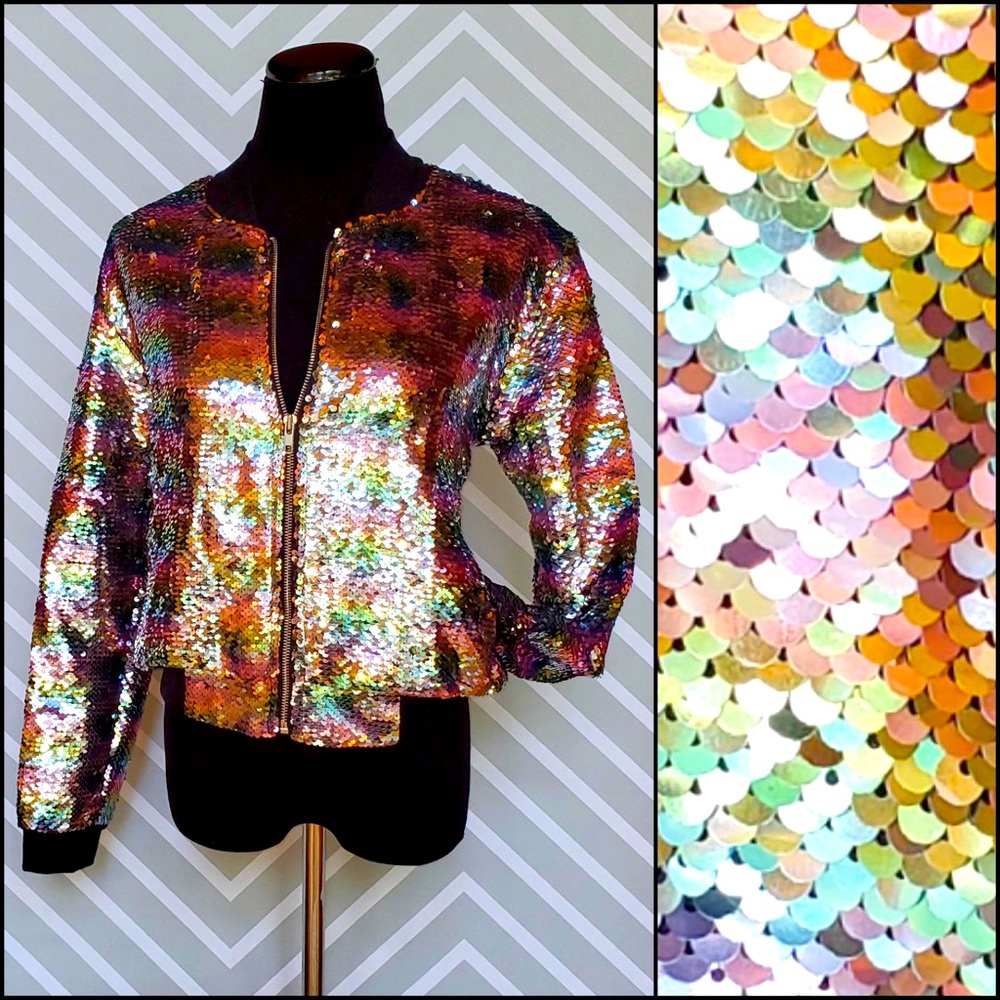 Pastel Rainbow Flip Sequin Bomber Jacket Coat - Picture 6 of 12
